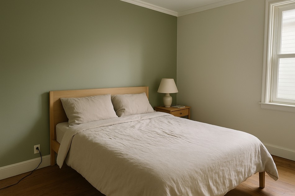 AI visualization: olive green accent wall bedroom
