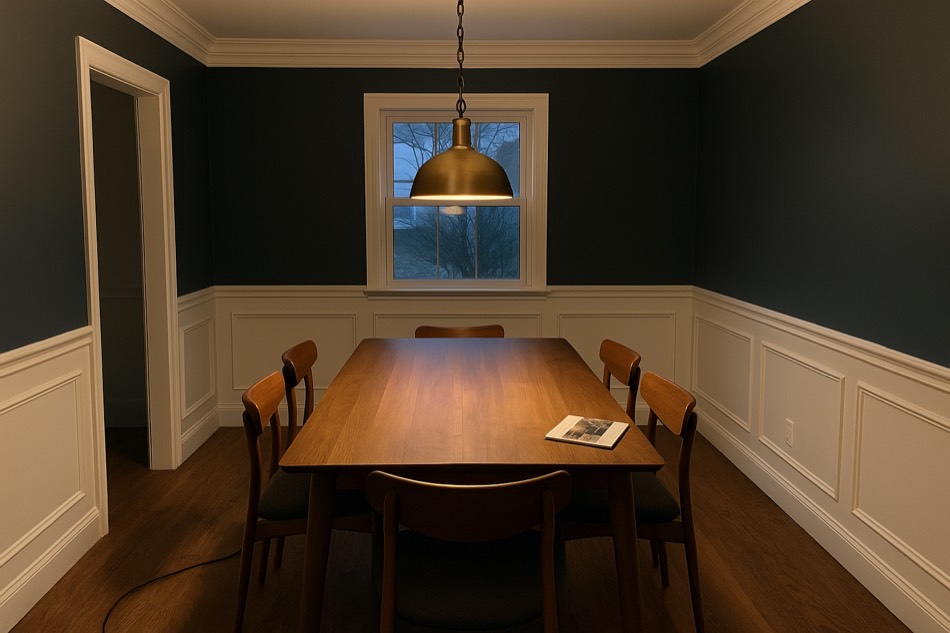 AI visualization: midnight slate dining room with white wainscoting