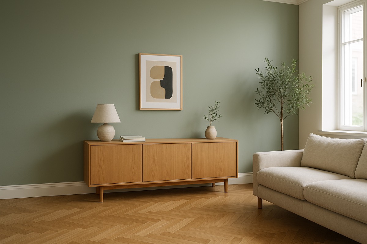 Living room with a freshly painted sage green feature wall
